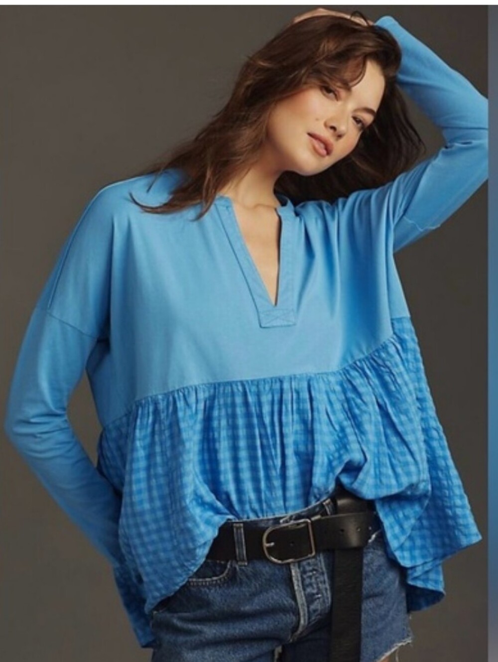 Pilcro Blue Gingham Babydoll Oversized Hippie Boho Blue Cottage Flowy L/S Top S